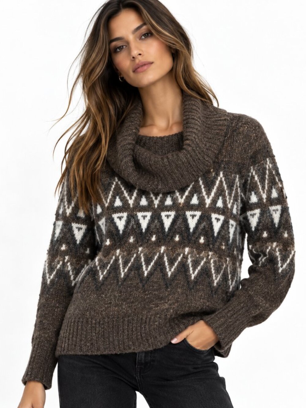 Banana Republic Womens Fair Isle Cowl Neck Sweater Medium Brown Wool Cashmere